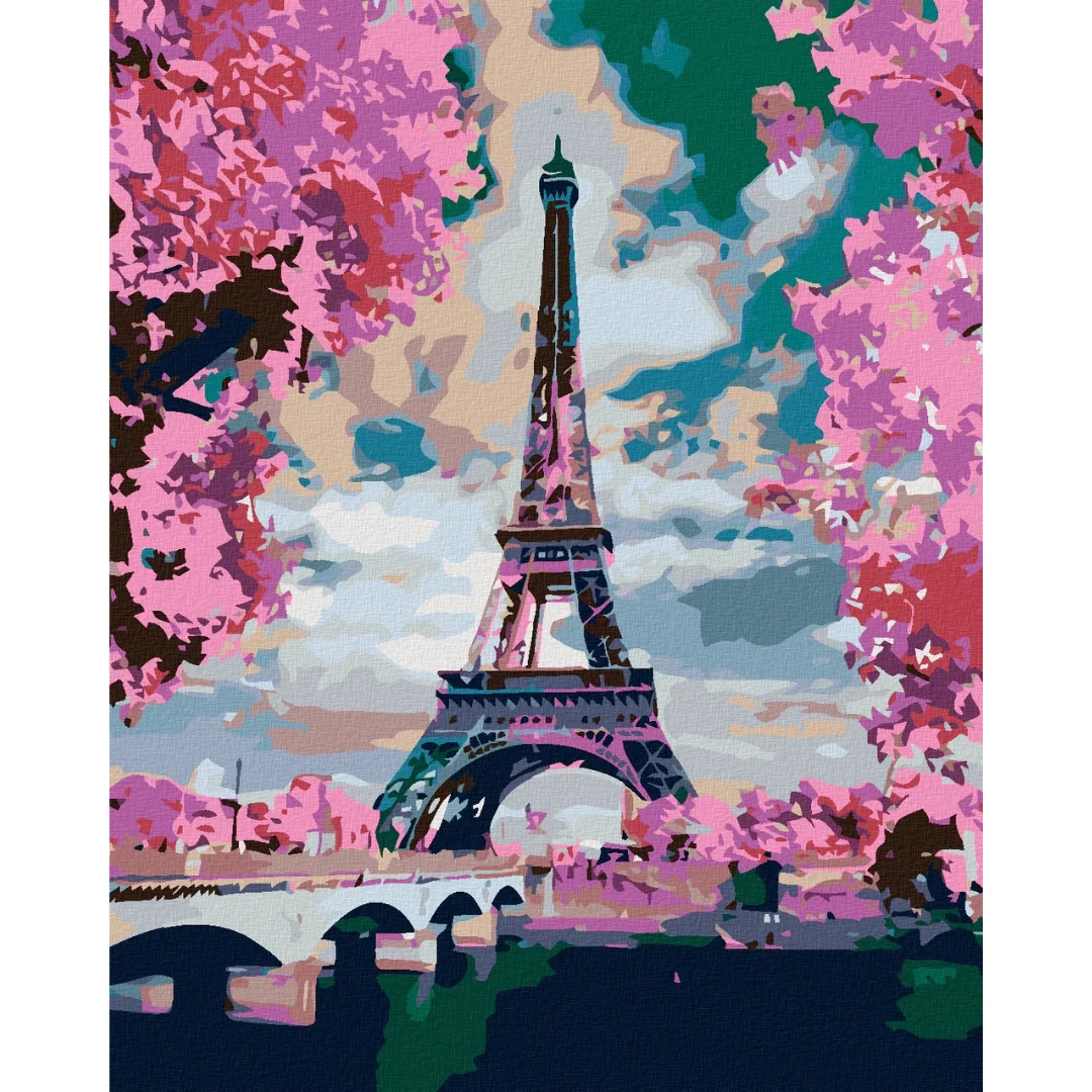 Set pictura pe numere panza canvas pe rama lemn dimensiune 40x50 3 pensule si vopsea acrilica model Turn Eiffel