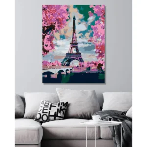 Set pictura pe numere panza canvas pe rama lemn dimensiune 40x50 3 pensule si vopsea acrilica model Turn Eiffel 1