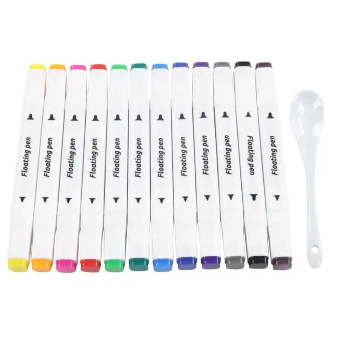 Set 12 markere magice Bootic cu 2 capete subtire si gros pentru desen pe apa sau normal lingurita ceramica multicolor cu gentuta de depozitare