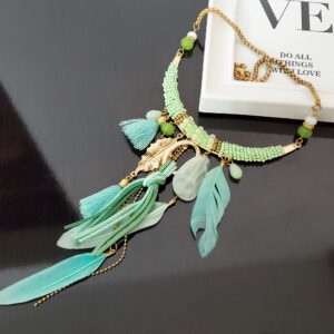 Colier Feathers verde cu pene naturale 95b 2