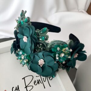 Bentita cu flori si cristale Boema verde