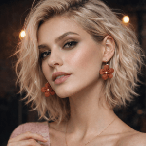 Cercei din piele naturala model floare maro Latte 2